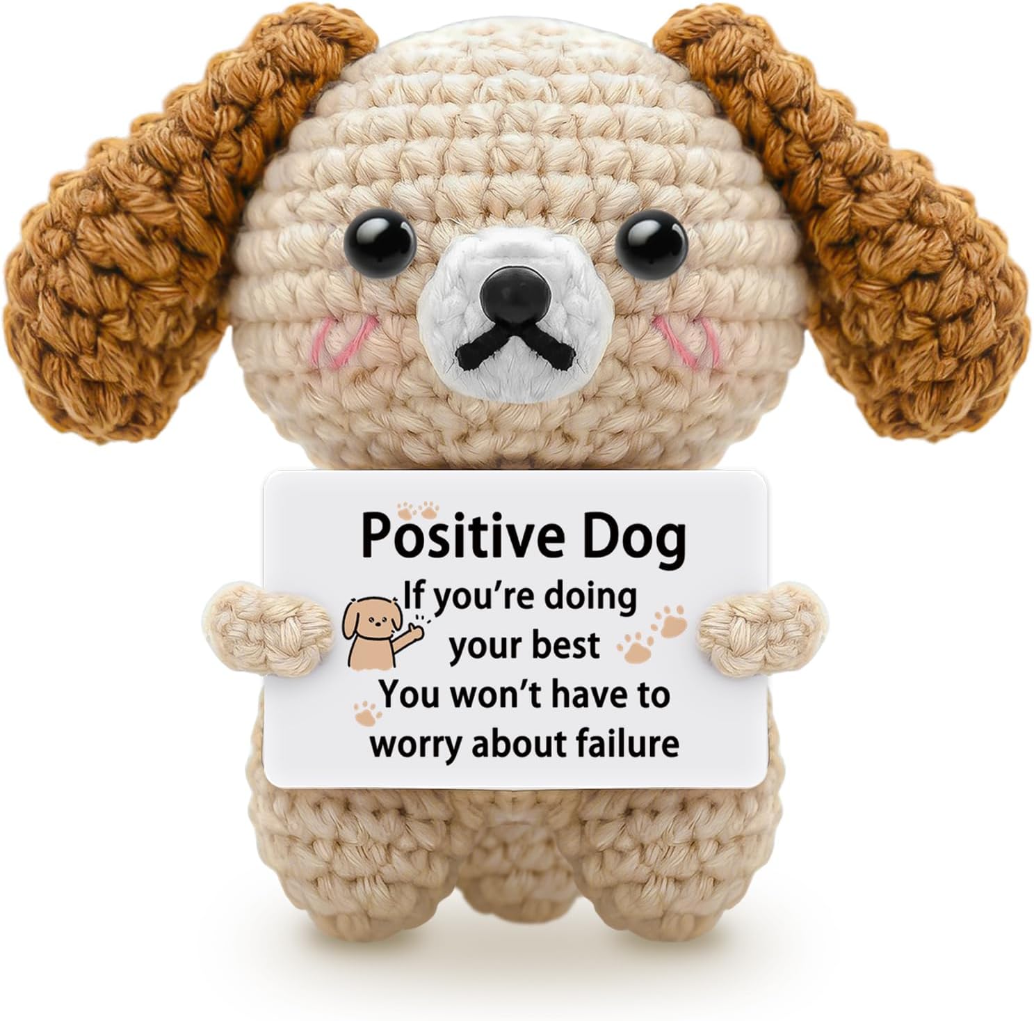aichpvoy-positive-dog-crochet-miniature-figure-grey-hand-knitted-motivational-decor-01 A grey crochet dog miniature figure with floppy ears and blush details, holding a sign with an encouraging message.
