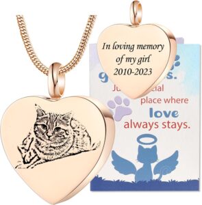 Close-up of a rose gold heart-shaped pendant necklace with a custom pet photo and engraved text, on a snake chain.
