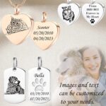 Close-up of a rose gold heart-shaped pendant necklace with a custom pet photo and engraved text, on a snake chain.