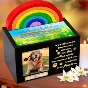 A black wooden pet urn with a rainbow bridge sculpture, a photo frame displaying a pet, and a personalized name tag.
