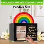 A black wooden pet urn with a rainbow bridge sculpture, a photo frame displaying a pet, and a personalized name tag.