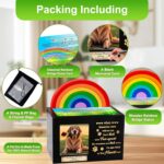 A black wooden pet urn with a rainbow bridge sculpture, a photo frame displaying a pet, and a personalized name tag.