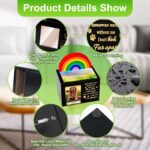 A black wooden pet urn with a rainbow bridge sculpture, a photo frame displaying a pet, and a personalized name tag.