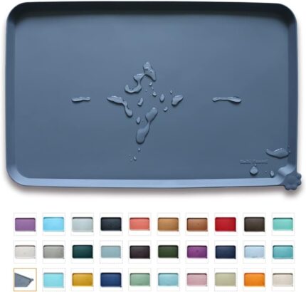 Gray Hoki Found waterproof silicone pet feeding mat with raised edges, suitable for dog and cat food bowls.