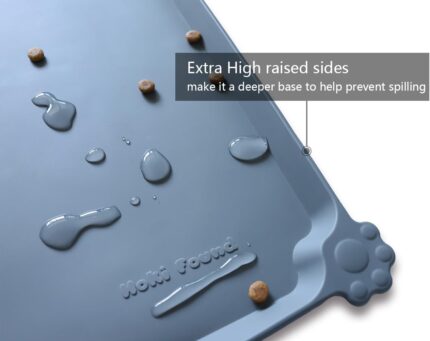 Gray Hoki Found waterproof silicone pet feeding mat with raised edges, suitable for dog and cat food bowls.