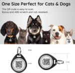 Close-up of a round, black ILFINDYOU QR code pet ID tag with an eagle design, attached to a dog collar.