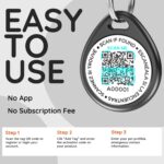 Close-up of a round, black ILFINDYOU QR code pet ID tag with an eagle design, attached to a dog collar.