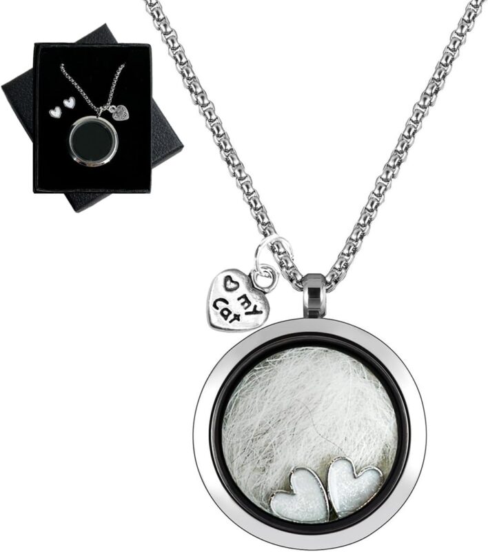 Silvery circular glass and metal necklace with a cat charm, designed to hold pet ashes or fur as a memorial.