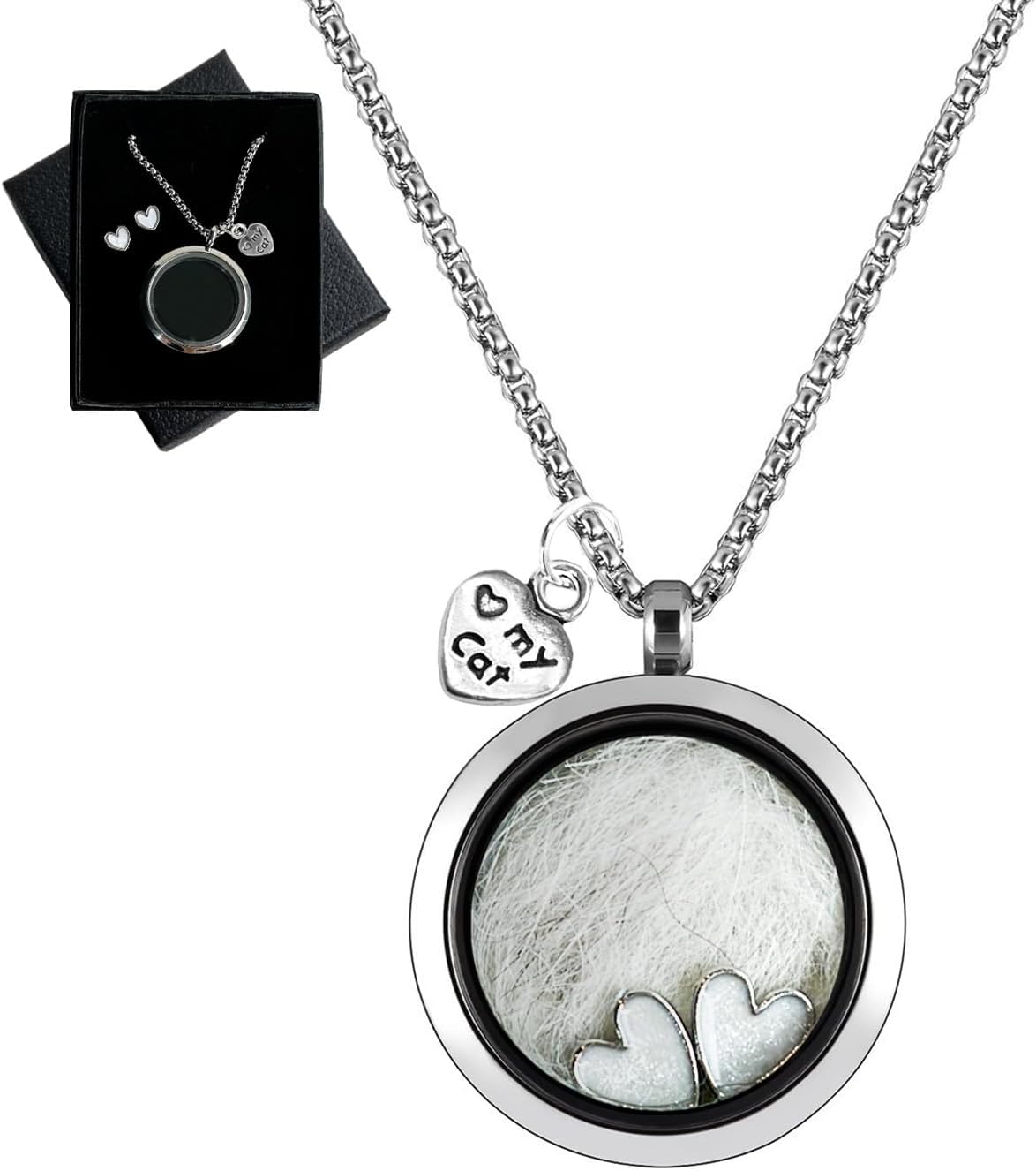 Silvery circular glass and metal necklace with a cat charm, designed to hold pet ashes or fur as a memorial.