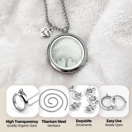 Silvery circular glass and metal necklace with a cat charm, designed to hold pet ashes or fur as a memorial.