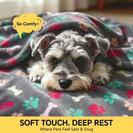 Three Luciphia small fleece pet blankets in grey, brown, and blue with paw prints, folded neatly.