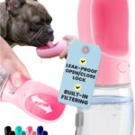 A pink MalsiPree 12oz leak-proof dog water bottle with an integrated drinking bowl, designed for travel and outdoor use.