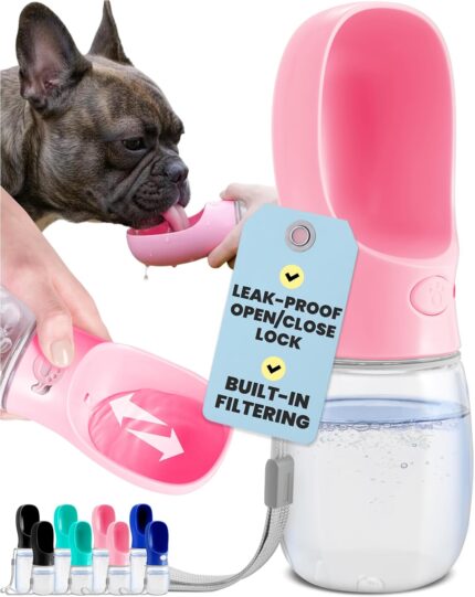 A pink MalsiPree 12oz leak-proof dog water bottle with an integrated drinking bowl, designed for travel and outdoor use.