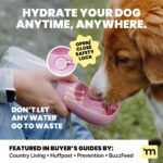 A pink MalsiPree 12oz leak-proof dog water bottle with an integrated drinking bowl, designed for travel and outdoor use.