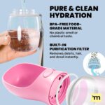 A pink MalsiPree 12oz leak-proof dog water bottle with an integrated drinking bowl, designed for travel and outdoor use.
