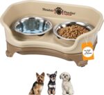 A cappuccino-colored Neater Feeder Express elevated dog bowl stand with two stainless steel bowls filled with food and water.