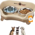 A cappuccino-colored Neater Feeder Express elevated dog bowl stand with two stainless steel bowls filled with food and water.