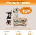 A cappuccino-colored Neater Feeder Express elevated dog bowl stand with two stainless steel bowls filled with food and water.
