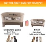 A cappuccino-colored Neater Feeder Express elevated dog bowl stand with two stainless steel bowls filled with food and water.