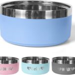 A single personalized RTYVBMX blue stainless steel dog bowl with custom laser-engraved text.