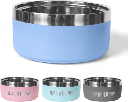A single personalized RTYVBMX blue stainless steel dog bowl with custom laser-engraved text.