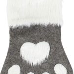 A single grey pet paw shaped Christmas stocking from Sexybody, hanging, with a white cuff and a loop for hanging.
