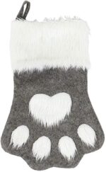 A single grey pet paw shaped Christmas stocking from Sexybody, hanging, with a white cuff and a loop for hanging.