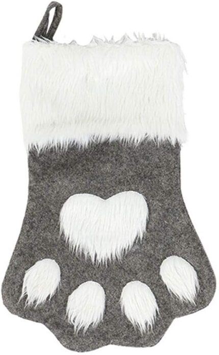 A single grey pet paw shaped Christmas stocking from Sexybody, hanging, with a white cuff and a loop for hanging.