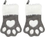 A single grey pet paw shaped Christmas stocking from Sexybody, hanging, with a white cuff and a loop for hanging.