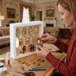 White XINGZUAN Museum of Us DIY Shadow Box Kit on a tabletop, displaying mini gold frames, figurines, and an LED light.
