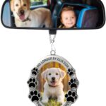 Silver metal pet memorial car hanging ornament with a photo frame, displaying a tribute to a lost pet.