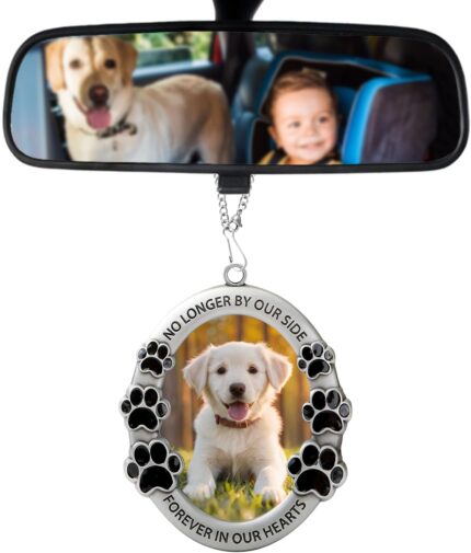 Silver metal pet memorial car hanging ornament with a photo frame, displaying a tribute to a lost pet.