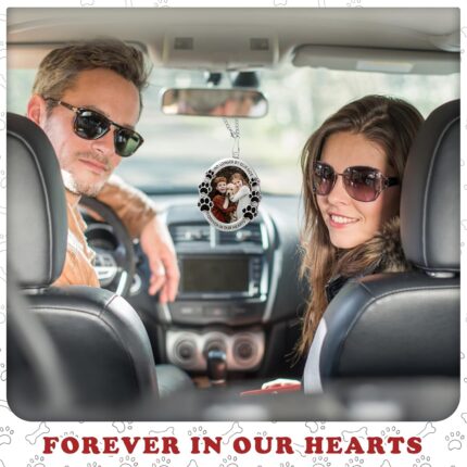Silver metal pet memorial car hanging ornament with a photo frame, displaying a tribute to a lost pet.